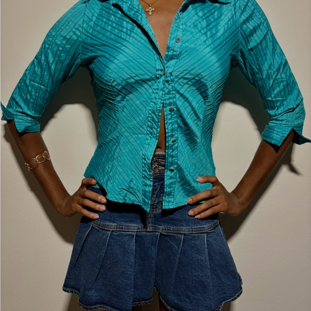 Blue Ruched Button Down Shirt with Cuffed Sleeves